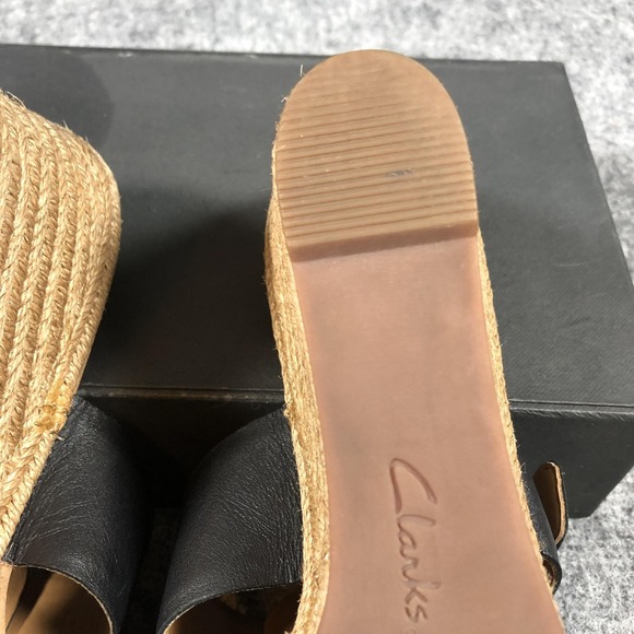 Clarks Sandals Womens 11M Black Leather Espadrille Wedge Buckle Comfort Shoes - Picture 14 of 16
